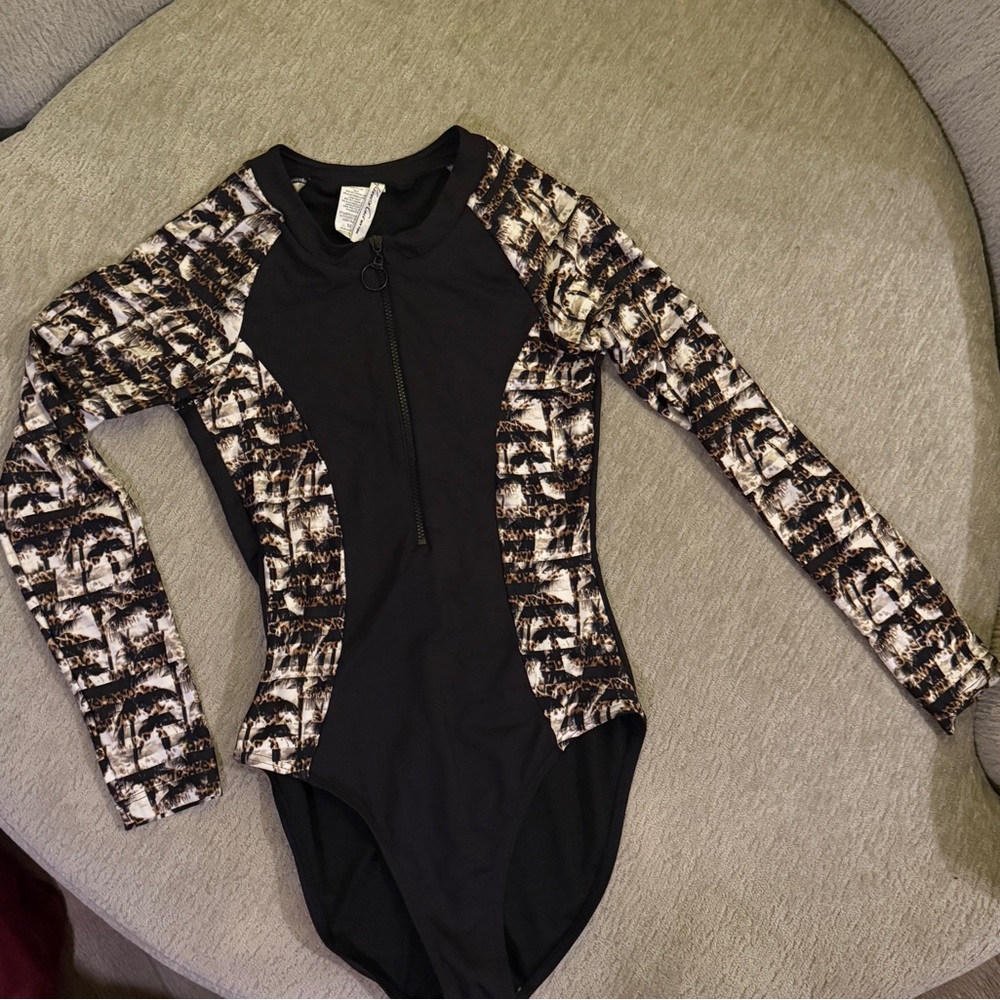 Kenneth Cole NY Zip Up Black and Brown Long Sleeve Swimsuit